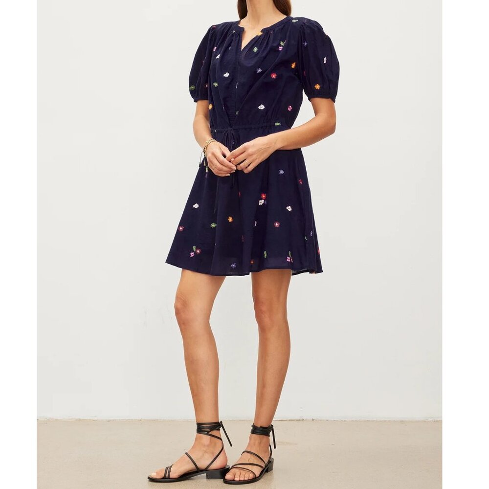 NWOT VELVET BY GRAHAM & SPENCER CLEO EMBROIDERED COTTON MINI DRESS NAVY SIZE S